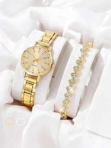 2/1 件时尚圆形表盘石英手表搭配同色系心形水钻珠宝手链，非常适合派对、度假用品、度假服装、旅行打包以及为亲朋好友购买礼物 - 彩色 - 查看 1
