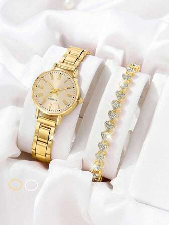 2/1 件时尚圆形表盘石英手表搭配同色系心形水钻珠宝手链，非常适合派对、度假用品、度假服装、旅行打包以及为亲朋好友购买礼物