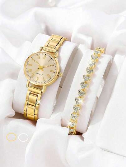 2/1 件时尚圆形表盘石英手表搭配同色系心形水钻珠宝手链，非常适合派对、度假用品、度假服装、旅行打包以及为亲朋好友购买礼物