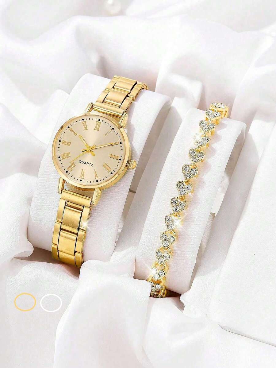 2/1 件时尚圆形表盘石英手表搭配同色系心形水钻珠宝手链，非常适合派对、度假用品、度假服装、旅行打包以及为亲朋好友购买礼物 - 彩色 - 查看 1