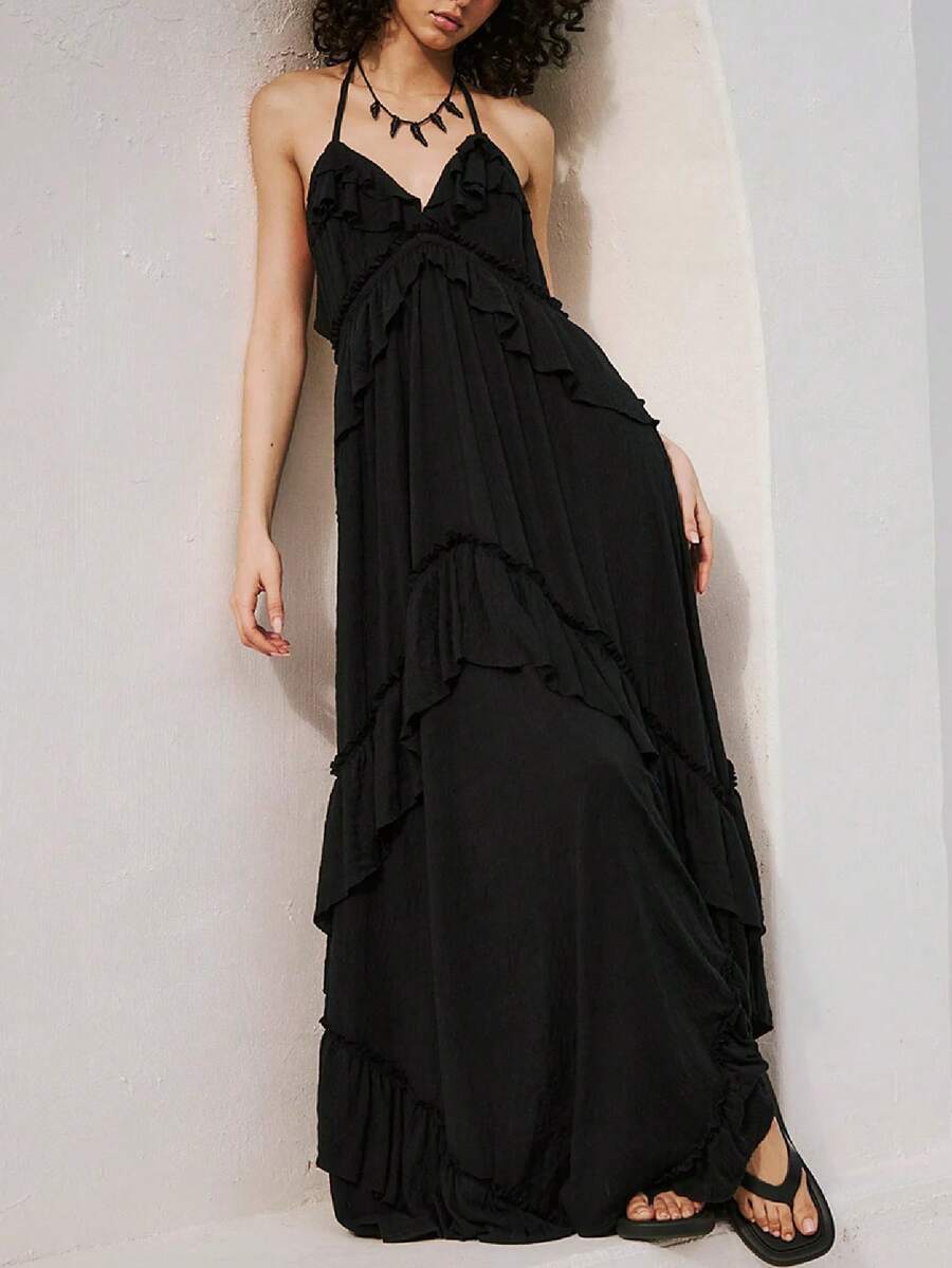 Vestido largo bohemio de verano para mujer sin mangas, con cuello halter de escote profundo en V, volantes superpuestos y falda fluida y vaporosa para la playa - Negro - Ver 1