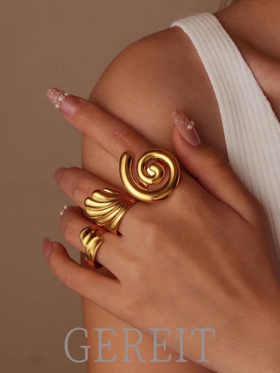 GEREIT 3件套18K不锈钢镂空扇形戒指，时尚日常佩戴首饰，女士礼物，母亲节礼物 - 金色 - 查看 1