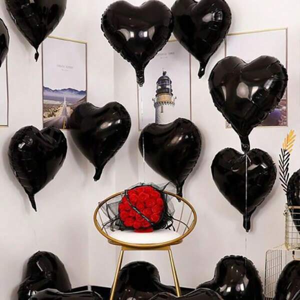 10 Peças/Pacote Balões de Folha de Alumínio em Forma de Coração de 18 Polegadas, Balões de Folha de Alumínio Pretos para o Dia dos Namorados, Casamento, Decoração de Aniversário