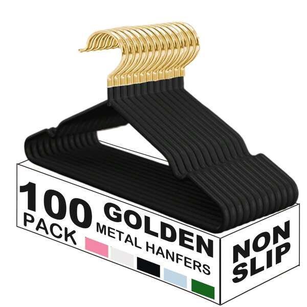 100/60/30/20/10/1pc Non Slip Hanger, Golden Metal Clothes Hangers Space Saving, Heavy Duty Rubber Coated Wire Hanger For Coat, Shirt, Dress, Pants-Wardrobe Organiser