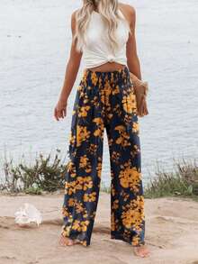 Women's Beach Floral Print Drawstring High Waist Wide Leg Pants - Multicolor - View 2