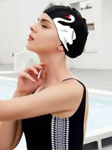 1pc Swan Design Silicone Swim Cap, Comfortable Waterproof Large Size For Long Hair Women, Fashionable