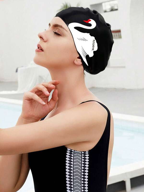 1pc Swan Design Silicone Swim Cap, Comfortable Waterproof Large Size For Long Hair Women, Fashionable