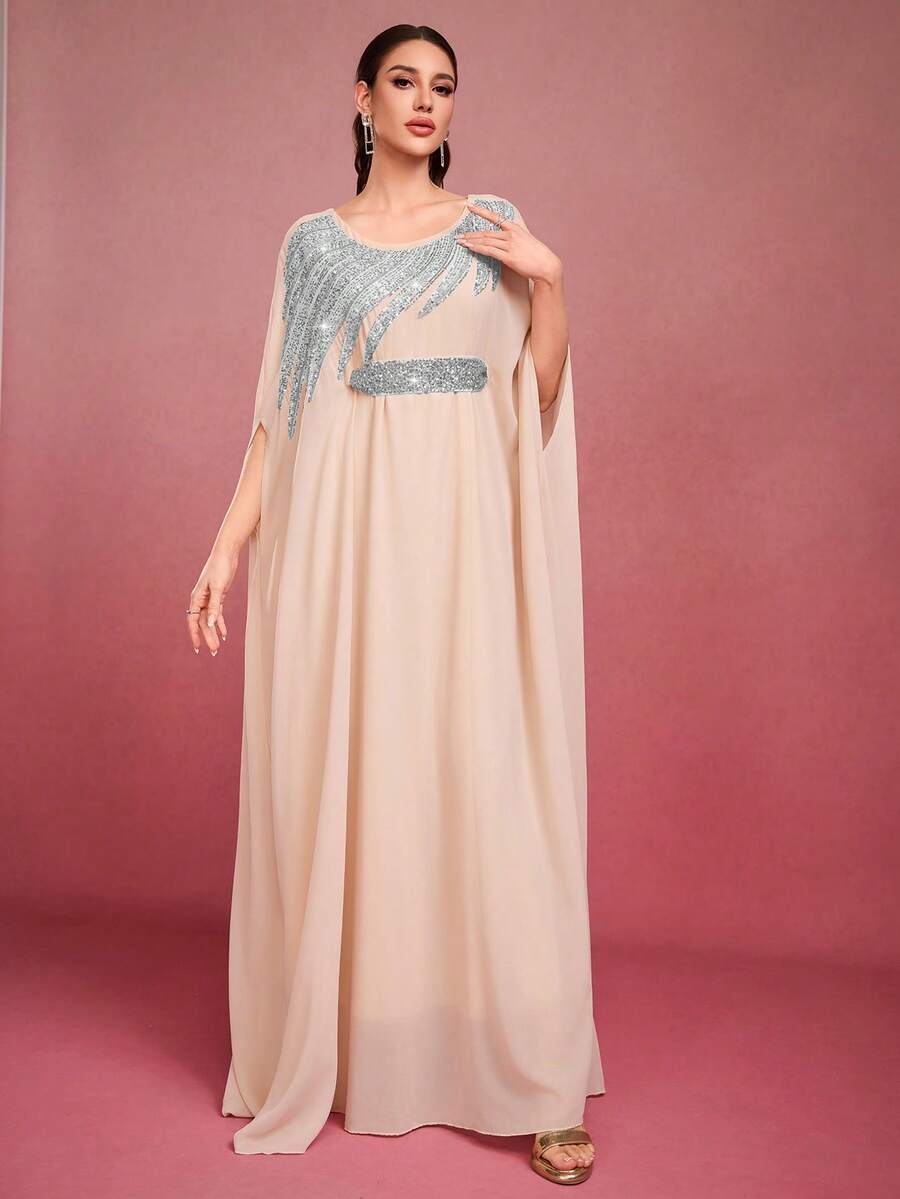 Women Solid Color Sequin Decorative Belt Crew Neck Elegant Long Arabic Abaya, Modest