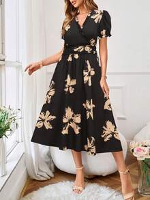 1 件女士休闲收腰波西米亚风格连衣裙，时尚宽松印花 A 字飘逸浪漫优雅连衣裙 - 黑色和黃色 - 查看 4