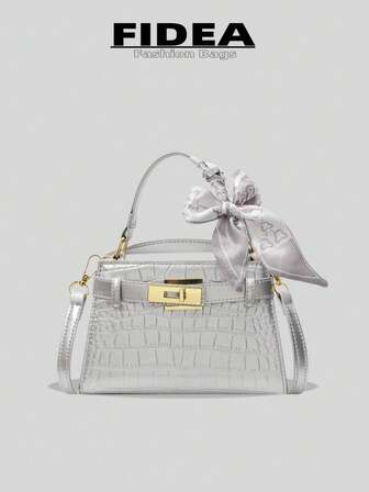 Nuevo bolso de mano de moda para mujer, bolso de mano de unicolor simple con estampado de cocodrilo de alta gama elegante con bufanda, elegante para citas, compras, versátil, bolso de hombro