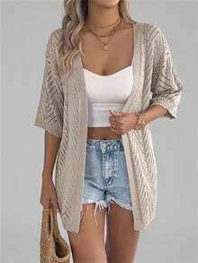 Women's Hollow Out Short Sleeve Knitted Cardigan, Resort Beach Cover Up Thin Jacket, Summer - Khaki - View 1