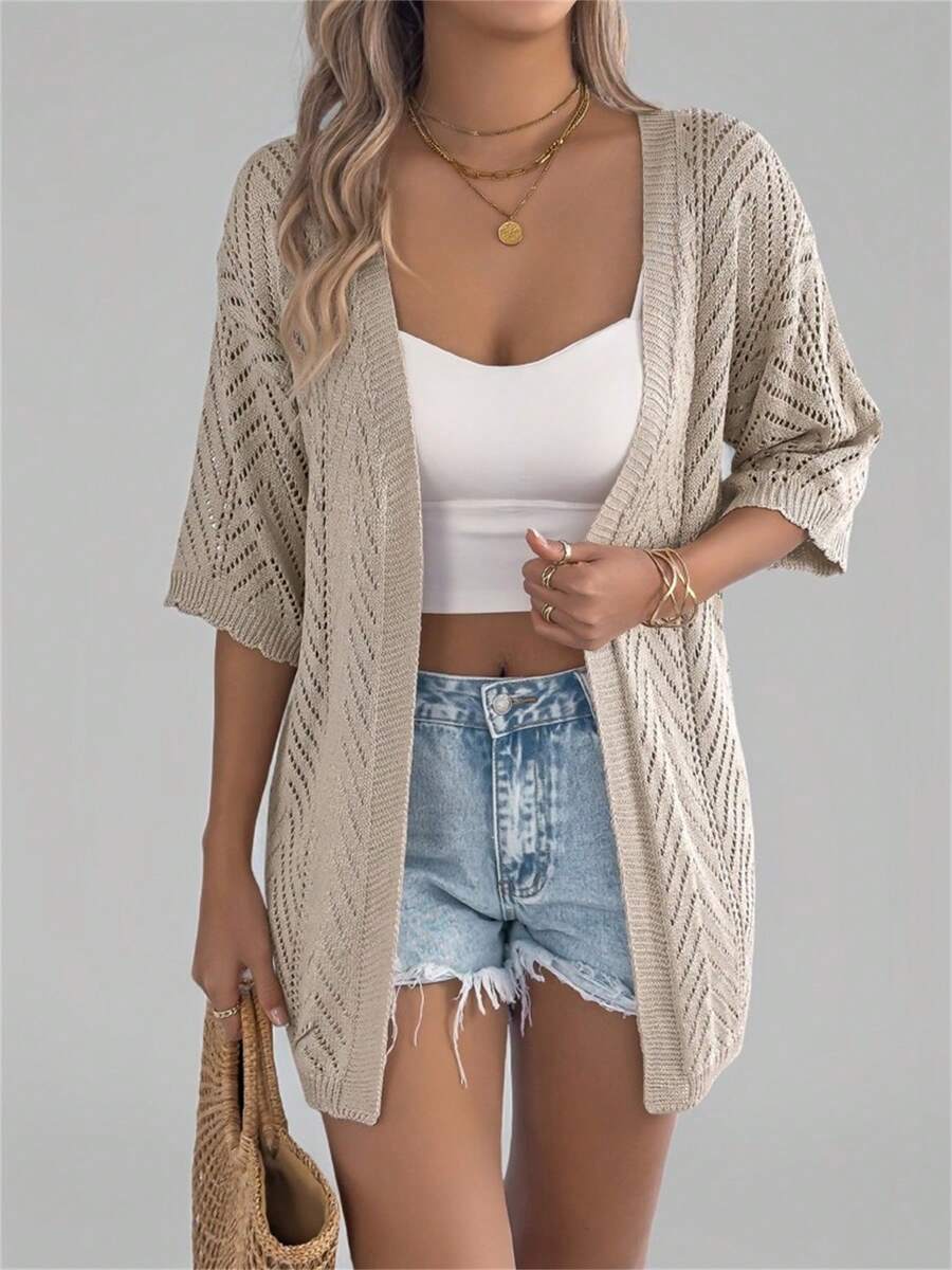 Women's Hollow Out Short Sleeve Knitted Cardigan, Resort Beach Cover Up Thin Jacket, Summer - Khaki - View 1