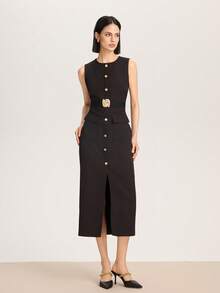 Sleeveless Round Neck Midi Dress With Belt - Black - View 6