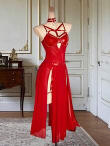 Women's Lingerie Set Patchwork Leather Spaghetti Strap Bodysuit High Split Sheer Skirt With Leg Rings 2 Piece Outfit - 紅色 - 查看 2