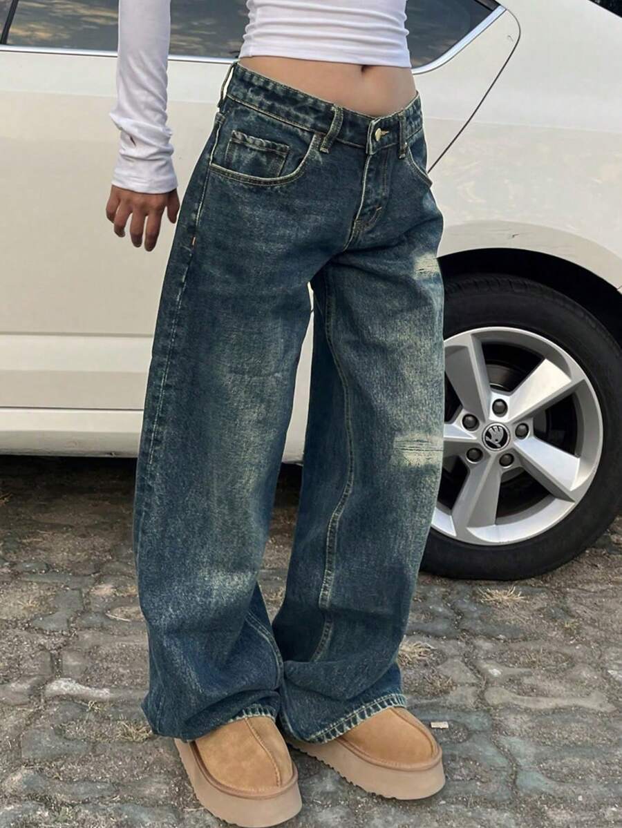 街头性感低腰宽松破洞直筒牛仔裤女式休闲牛仔长裤 - 深色水洗藍 - 查看 1