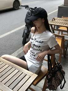 修身性感不对称肩部白色上衣T恤 - 白色 - 查看 3