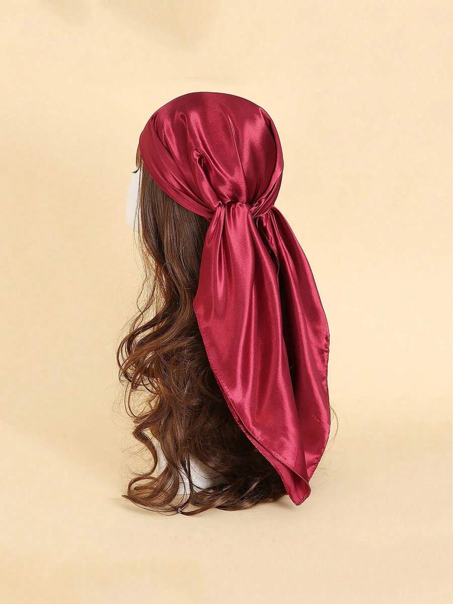 1 件女士 Bandana 纯色勃艮第丝绸方形围巾，90*90 厘米，适合夏季海滩、头带、披肩、腰带 - 酒紅色 - 查看 1