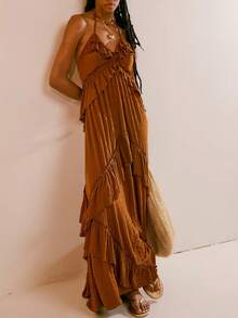 Women Y2K Summer Boho Long Dress Sleeveless Deep V Neck Halter Neck Layered Ruffle Maxi Dress Flowy Swing Beach Dress - Rust Brown - View 1