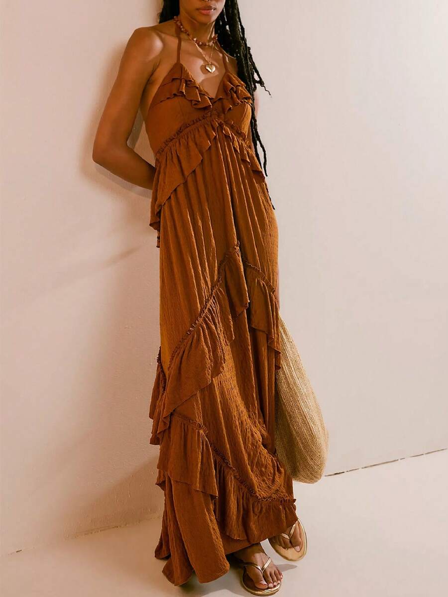 Women Y2K Summer Boho Long Dress Sleeveless Deep V Neck Halter Neck Layered Ruffle Maxi Dress Flowy Swing Beach Dress - Rust Brown - View 1