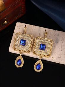 1 Pair Morocco Square Carved Dangle Earrings With Water Drop Pendant, Handmade French Hook Design, Women's Birthday Party Jewelry Gift