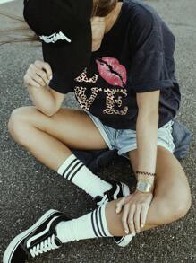 Teen Girl Loose Plus Size Leisure Sweet Leopard Slogan Lip Pattern Printing Leisure Round Neck Pullover Short Sleeve T-Shirt Spring And Summer New Style.