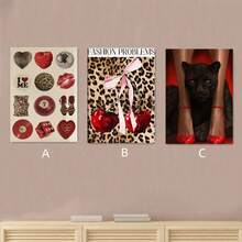 1/3 件套复古迪斯科拼贴画带框、无框墙面艺术 - 红色豹纹嘴唇和复古心形帆布装饰，带有大胆黑/白色点缀的装饰艺术风格海报，室内/室外可用于客厅、卧室、办公室、农舍、音乐室装饰 - 彩色 - 查看 25
