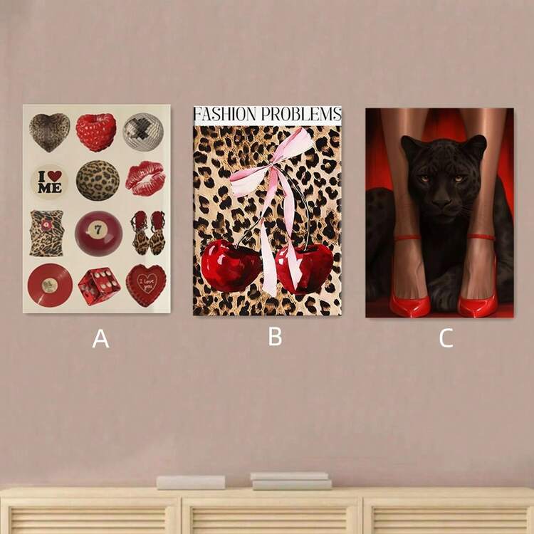 1/3 件套复古迪斯科拼贴画带框、无框墙面艺术 - 红色豹纹嘴唇和复古心形帆布装饰，带有大胆黑/白色点缀的装饰艺术风格海报，室内/室外可用于客厅、卧室、办公室、农舍、音乐室装饰 - 彩色 - 查看 25