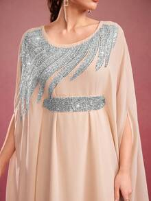 Women Solid Color Sequin Decorative Belt Crew Neck Elegant Long Arabic Abaya, Modest - Apricot - View 7