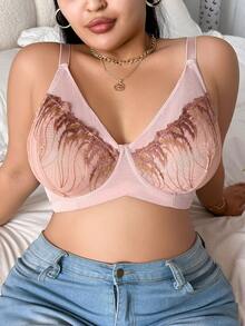 Plus Size Women Embroidered Underwire Bra - Apricot - View 5