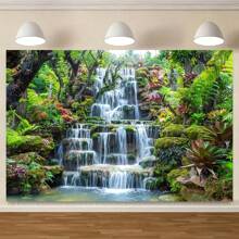 1pc, Fabric Garden Waterfall Background Mountain Rock Flowing Water Lake River Green Forest Trees Natural Background Home Wall Decoration Photography Studio Props