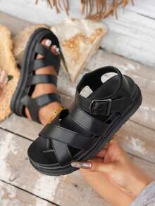 Sandalias de plataforma femeninas con suela gruesa, incremento de altura, puntera redonda, cómoda, ancha, diseño de empeine hueco con múltiples correas, simple, de moda casual, versátil, personalizado, de estilo punk rock, adecuado para uso diario, trabajo, campus, festival de música, fiesta de playa, cita, vacaciones