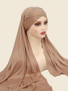 高级缎面交叉缠绕式头巾帽 - 镶钻装饰的端庄头饰，配有可调节系带（女士时尚围巾帽） - 多色 - 查看 4