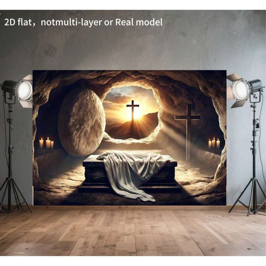 2D Backdrop Banner 1pc, Empty Tomb With Sunrise And Cross Vibrant Background Cloth For Family Parties, Weddings, Birthdays, Christmas, Thanksgiving, And Fall, Easy To Set Up And Reusable,2D Flat,Notmulti-Layer Or Real Model - Grey - View 1