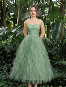 Faeriesty 舞会礼服优雅露肩薄纱连衣裙：褶皱前襟和层叠荷叶边，适合返校节、舞会等场合 - 百搭款式，适合青少年和年轻女性