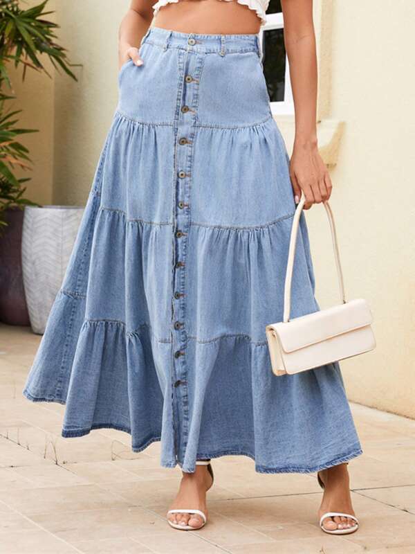 Womens Long Denim Skirts Casual High Waist Tiered Jean Skirts Spring Fall Midi Skirts