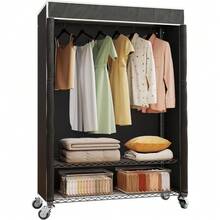Local Shipping-Wardrobe Closet With Wheels, Portable Closet For Hanging Clothes, Closet Organizer Storage, Black Rack With Grey Cover,H4 Plus Rolling Clothes Rack With Cover, Heavy Duty Garment Rack, - Black Rack With Black Cover - View 2