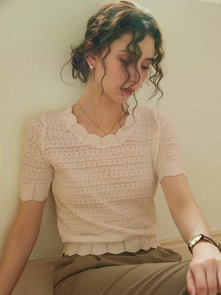 Knit Mix Áo sơ mi nữ thanh lịch, áo thun ngắn tay cổ tròn khoét eo với viền ren độc đáo, phù hợp với dáng người nhỏ nhắn, màu trơn, thích hợp mặc thường ngày/đi làm, áo mùa xuân/hè, màu kem cổ điển tinh tế, trang phục mùa xuân/hè cho năm học mới, cũng thích hợp cho các dịp thường nhật như Giáng sinh, Lễ Tạ ơn và Năm mới. - Màu Khaki - Xem 1