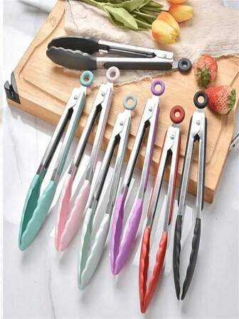 1pc 9-Inch Silicone Kitchen Tongs, Stainless Steel With Nylon Tips, Suitable For Cooking, Grilling, Kitchen Utensils, Outdoor Camping, Picnic, Random Color