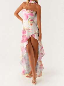 Women Casual Tube Dress Summer Solid Color/Floral Print High Low Ruffles Dress With Scarf For Cocktail Streetwear - 白色 - 查看 2