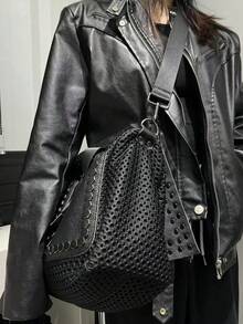 Ladies' Fashionable Y2K Mesh Shoulder Bag, Large Capacity Spliced Rivet Retro Crossbody Bag, Multi Pocket Urban Street Style Handbag - Black - View 11
