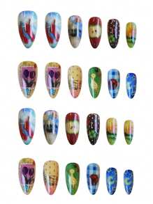 Set de 24 uñas postizas con diseños de cordero y dibujos animados estilo Y2K, con 1 pieza de pegamento de gel y 1 pieza de lima de uñas