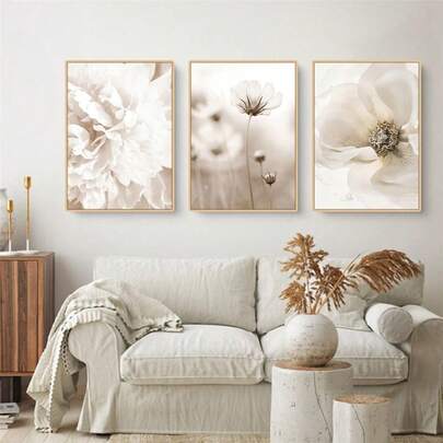 1pc/3pcs Modern Bohemia Beige White Flower Canvas Painting Fashions Print Botancial Floral Pattern Home Decor Wall Art Posters For Gift Living Room Bedroom Dormintory Office Backdrop Design Picture Optional Frame ,Wall Art With Frame