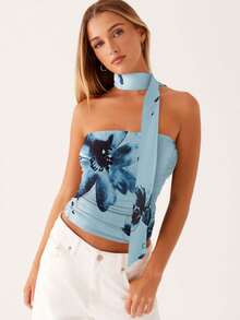 Women's Stylish Summer  Slim Fit Sleeveless Printed Bustier Top With Scarf  For Parties - 藍色 - 查看 1