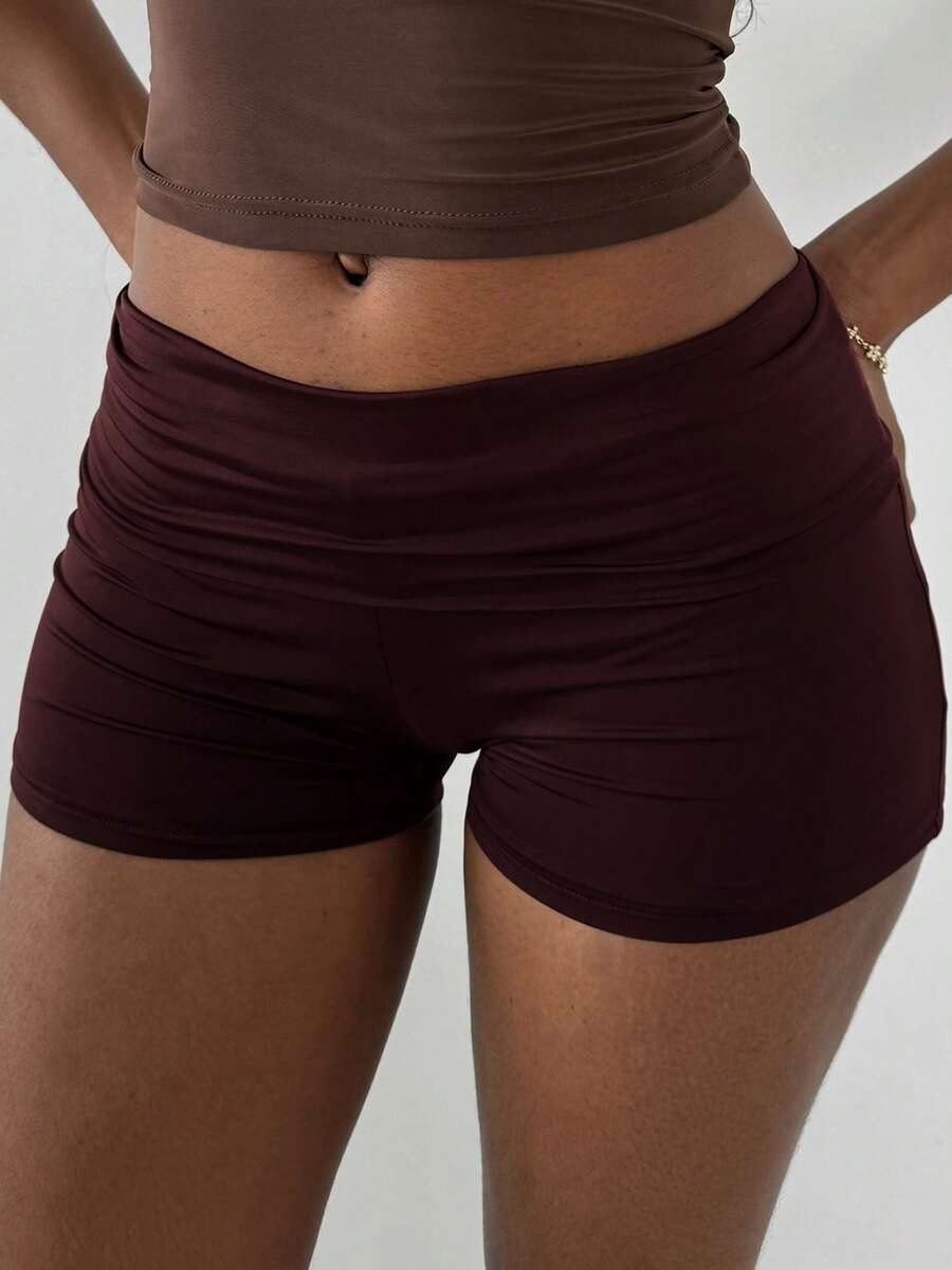 Women's Summer Fold Over Shorts Solid Color Low Waist Ruched Bodycon Short Pants - Marrón - Ver 1