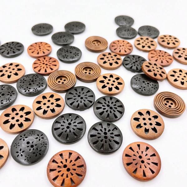 15pcs Vintage Hollow Wooden Buttons Handmade Round Retro Wood Buttons, 2.5cm/0.98 Inch Brown Black Colors Natural Craft Buttons For Coats, Windbreakers & Knitwear DIY Accessories