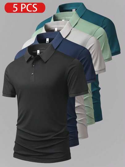 5 件男友风格男士轻盈透气跑步、健身、休闲短袖 Polo 衫和 T 恤，夏季
