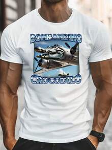Bombardino Crocodilo Funny Brain Puffs T-Shirts, T-Shirts, Italian Brain Puffs, Crocodile T-Shirts,  T-Shirts, Men's Tops, Gift T-Shirts, Summer, Daily Casual, Round Neck Short Sleeves, Fashionable Men's Clothing - White - View 1