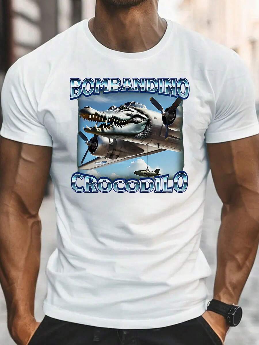 Bombardino Crocodilo Funny Brain Puffs T-Shirts, T-Shirts, Italian Brain Puffs, Crocodile T-Shirts,  T-Shirts, Men's Tops, Gift T-Shirts, Summer, Daily Casual, Round Neck Short Sleeves, Fashionable Men's Clothing - White - View 1