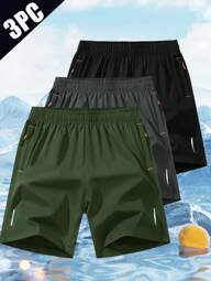 3 piezas Pantalones cortos casuales, sueltos y delgados de secado rápido para hombres, pantalones cortos deportivos de moda talla grande