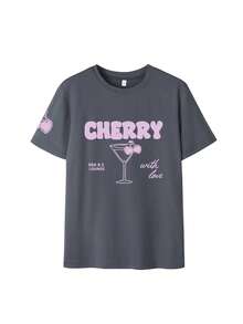 女式可爱樱桃鸡尾酒混合印花圆领短袖 T 恤，时尚百搭衬衫